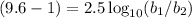(9.6 - 1) = 2.5\log_{10}(b_{1}/b_{2})
