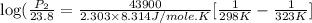 \log (\frac{P_2}{23.8}=\frac{43900}{2.303\times 8.314J/mole.K}[\frac{1}{298K}-\frac{1}{323K}]