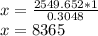 x = \frac {2549.652 * 1} {0.3048}\\x = 8365