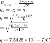 F_{elect} = \frac{k*q_{1}*q_{2} }{R^2} \\q_{1} = q_{2} = q\\q = \sqrt{\frac{F_{elect} * R^2}{k} }\\ = \sqrt{\frac{0.2 * 0.16^2}{9*10^9} }\\\\ q = 7.5425 * 10 ^(-7) C