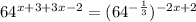 64^{x + 3 + 3x - 2} = (64^{-\frac{1}{3}})^{-2x + 2}