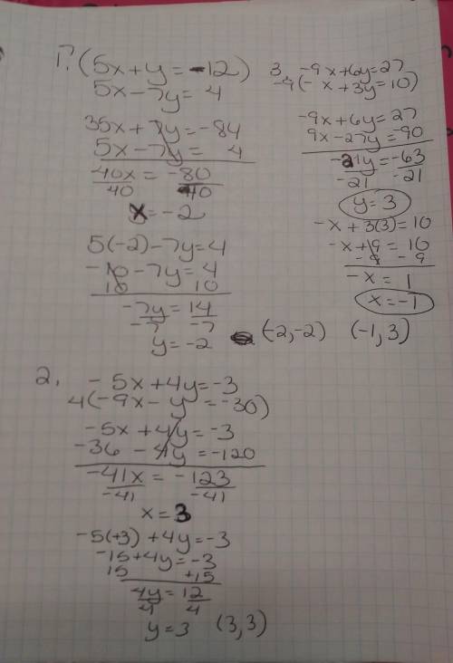 Just 3 math problem show step by step  1 5x+y=-12 5x-7y=4 2. -5x+4y=-3 -9x-y=-30 3. -9x+6y=27 -x+3y=