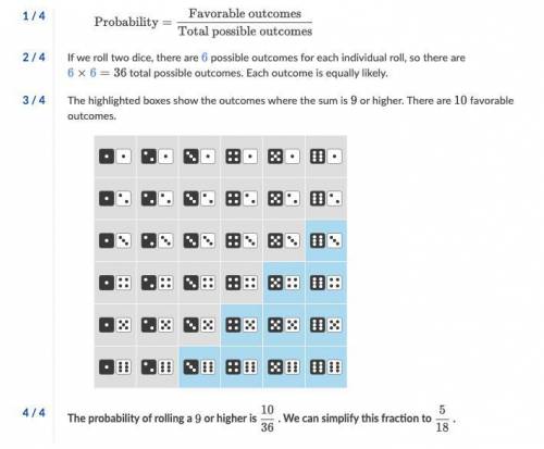 If you roll two fair six-sided dice, what is the probability that the sum is 9 or higher?