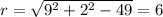 r=\sqrt{9^{2}+2^{2}-49}=6