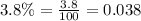 3.8\%=\frac{3.8}{100}=0.038