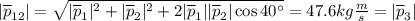 |\overline{p}_{12}| = \sqrt{|\overline{p}_1|^2+|\overline{p}_2|^2+2|\overline{p}_1||\overline{p}_2|\cos 40^\circ}=47.6 kg\frac{m}{s}=|\overline{p}_3|