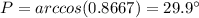 P=arccos(0.8667)=29.9\°