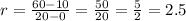 r=\frac{60-10}{20-0}=\frac{50}{20}=\frac{5}{2} =2.5