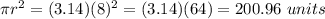 \pi r^2=(3.14)(8)^2=(3.14)(64)=200.96\ units