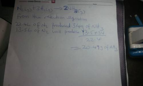 If 13.5 l of nitrogen gas reacts with 17.8 l of hydrogen gas at stp according to the following react