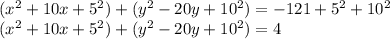 (x^2+10x+5^2)+(y^2-20y+10^2)=-121+5^2+10^2\\(x^2+10x+5^2)+(y^2-20y+10^2)=4