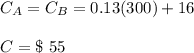 C_A = C_B = 0.13(300) + 16\\\\C = \$\ 55