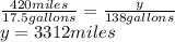 \frac{420miles}{17.5gallons}=\frac{y}{138gallons}\\y=3312miles