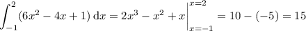 \displaystyle\int_{-1}^2(6x^2-4x+1)\,\mathrm dx=2x^3-x^2+x\bigg|_{x=-1}^{x=2}=10-(-5)=15