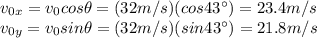 v_{0x} = v_0 cos \theta = (32 m/s)(cos 43^{\circ})=23.4 m/s\\v_{0y} = v_0 sin \theta = (32 m/s)(sin 43^{\circ})=21.8 m/s