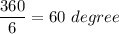 \dfrac{360}{6}=60\ degree