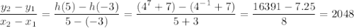 \dfrac{y_2-y_1}{x_2-x_1} = \dfrac{h(5)-h(-3)}{5 - (-3)}=\dfrac{(4^7+7)-(4^{-1}+7)}{5 + 3} = \dfrac{16391-7.25}{8}=2048