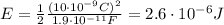E=\frac{1}{2}\frac{(10\cdot 10^{-9}C)^2}{1.9\cdot 10^{-11} F}=2.6\cdot 10^{-6}J