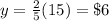 y=\frac{2}{5}(15)=\$6