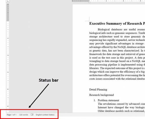 In the word 2016 window, where is the status bar located?   top of the window denoting the document