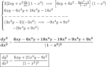 \bf \begin{cases}&#10;3[2xy+x^2\frac{dy}{dx}](1-x^3)\implies \left[6xy+6x^2\cdot \frac{3yx^2-3}{1-x^3}\right](1-x^3)\\&#10;6xy-6x^4y+18x^4y-18x^2&#10;\\&#10;----------------\\&#10;(3x^2y-3)(-3x^2)\implies -9x^4y+9x^2\\&#10;\qquad -(9x^4y+9x^2)&#10;\end{cases}&#10;\\\\\\&#10;\cfrac{dy^2}{dx^2}=\cfrac{6xy-6x^4y+18x^4y-18x^2+9x^4y+9x^2}{(1-x^3)^2}&#10;\\\\\\&#10;\boxed{\cfrac{dy^2}{dx^2}=\cfrac{6xy+21x^4y-9x^2}{(1-x^3)^2}}