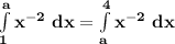 \mathbf{\int\limits^a_1 x^{-2} \ dx = \int\limits^4_a x^{-2} \ dx }
