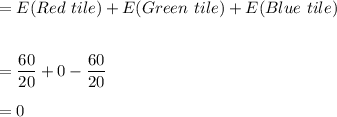 =E(Red\ tile)+E(Green\ tile)+E(Blue\ tile)\\\\\\=\dfrac{60}{20}+0-\dfrac{60}{20}\\\\=0