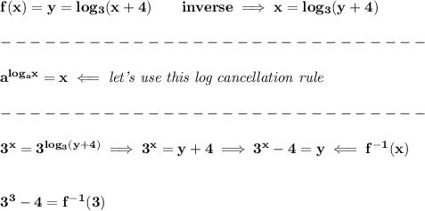 \bf f(x)=y=log_3(x+4)\qquad inverse\implies x=log_3(y+4)\\\\&#10;-----------------------------\\\\&#10;{{  a}}^{log_{{  a}}x}=x\impliedby \textit{let's use this log cancellation rule}\\\\&#10;-----------------------------\\\\&#10;3^x=3^{log_3(y+4)}\implies 3^x=y+4\implies 3^x-4=y\impliedby f^{-1}(x)&#10;\\\\\\&#10;3^3-4=f^{-1}(3)
