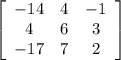 \left[\begin{array}{ccc}-14&4&-1\\4&6&3\\-17&7&2\end{array}\right]