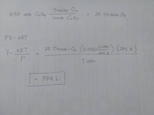 What volume of oxygen at stp is needed to fully react with 8.53 mol of c2h4?  c2h4 reacts with o2, a