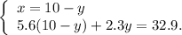 \left\{\begin{array}{l}x=10-y\\5.6(10-y)+2.3y=32.9.\end{array}\right.