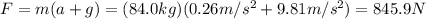 F=m(a+g)=(84.0 kg)(0.26 m/s^2+9.81 m/s^2)=845.9 N