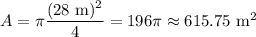 A=\pi\dfrac{(28\text{ m})^2}4=196\pi\approx615.75\text{ m}^2