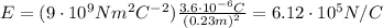 E=(9\cdot 10^9 Nm^2 C^{-2}) \frac{3.6\cdot 10^{-6}C}{(0.23 m)^2}=6.12\cdot 10^5 N/C