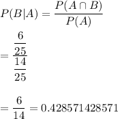 P(B|A)=\dfrac{P(A\cap B)}{P(A)}\\\\=\dfrac{\dfrac{6}{25}}{\dfrac{14}{25}}\\\\\\=\dfrac{6}{14}=0.428571428571