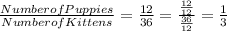 \frac{Number of Puppies}{NumberofKittens} =\frac{12}{36} =\frac{\frac{12}{12} }{\frac{36}{12} } =\frac{1}{3}