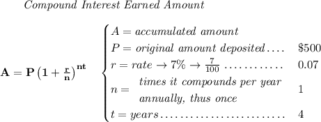 \bf ~~~~~~ \textit{Compound Interest Earned Amount} \\\\ A=P\left(1+\frac{r}{n}\right)^{nt} \quad \begin{cases} A=\textit{accumulated amount}\\ P=\textit{original amount deposited}\dotfill &\$500\\ r=rate\to 7\%\to \frac{7}{100}\dotfill &0.07\\ n= \begin{array}{llll} \textit{times it compounds per year}\\ \textit{annually, thus once} \end{array}\dotfill &1\\ t=years\dotfill &4 \end{cases}