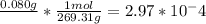 \frac{0.080g}{}*\frac{1 mol}{269.31g} = 2.97 * 10^-4