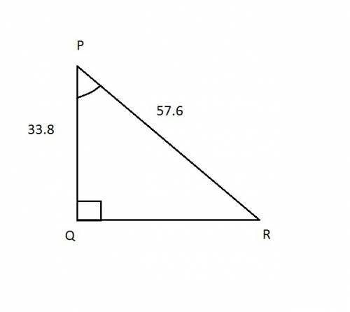 In △pqr, find the measure of ∡p. triangle pqr where angle q is a right angle. pq measures 33 point 8