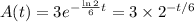 A(t)=3e^{-\frac{\ln2}6t}=3\times2^{-t/6}