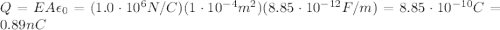 Q=EA\epsilon_0=(1.0\cdot 10^6 N/C)(1\cdot 10^{-4} m^2)(8.85\cdot 10^{-12} F/m)=8.85\cdot 10^{-10}C=0.89 nC
