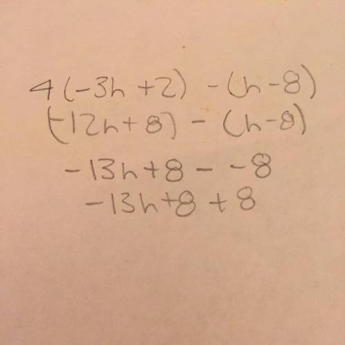 Which expression is equivalent to 4(-3h+2) - (h-8)  a) -11h b) -13h+16 c) 2h-16 d) -12h+8