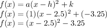 f(x) = a(x-h)^2+k\\ f(x) = (1)(x-2.5)^2+(-3.25)\\ f(x) = (x-2.5)^2-3.25