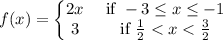f(x)=\left\{\begin{matrix}2x &\text{ if }-3\leq x\leq -1\\3 &\text{ if }\frac{1}{2}