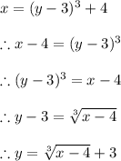 x=(y-3)^3+4 \\ \\ \therefore x-4=(y-3)^3 \\ \\ \therefore (y-3)^3=x-4 \\ \\ \therefore y-3=\sqrt[3]{x-4} \\ \\ \therefore y=\sqrt[3]{x-4}+3