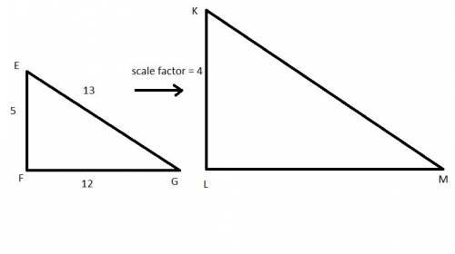 Triangle efg has side lengths of 5 feet, 12 feet, and 13 feet. triangle klm is similar to triangle e