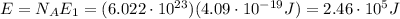 E=N_A E_1 = (6.022\cdot 10^{23})(4.09\cdot 10^{-19} J)=2.46\cdot 10^5 J