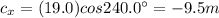 c_x = (19.0) cos 240.0^{\circ}=-9.5 m
