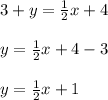 3+y= \frac{1}{2} x + 4\\\\y= \frac{1}{2} x + 4-3\\\\y= \frac{1}{2} x+1
