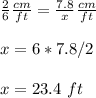 \frac{2}{6}\frac{cm}{ft}=\frac{7.8}{x}\frac{cm}{ft} \\ \\x=6*7.8/2\\ \\ x=23.4\ ft